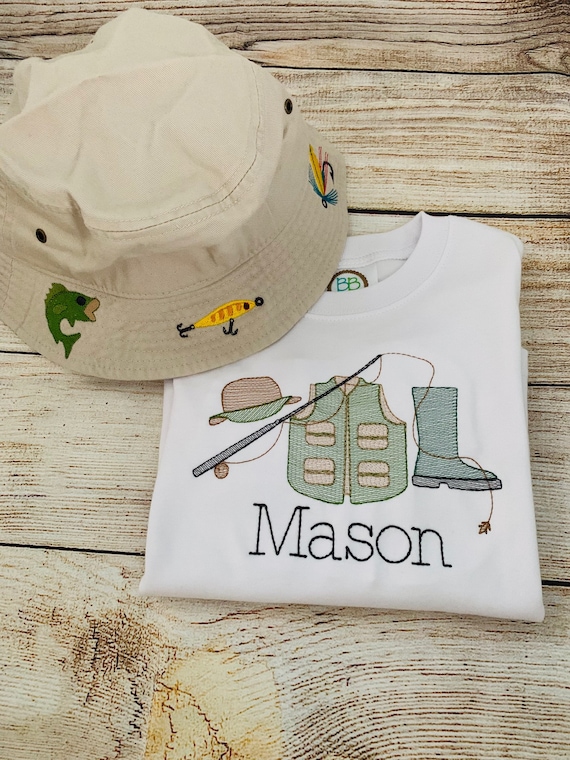 Boys Embroidered Monogram Fishing Shirt, Long or Short Sleeve, Fishing Hat  With Lures, Hooks and Fish, Boys Fishing Outfit 