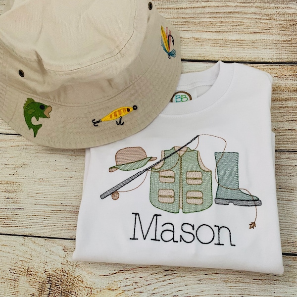 Boys embroidered monogram fishing shirt, long or short sleeve, fishing hat with lures, hooks and fish, boys fishing outfit