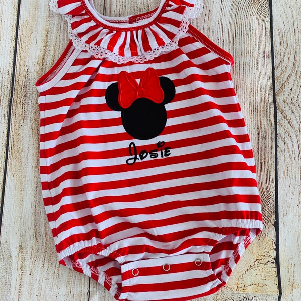 Monogram girl mouse with bow bubble romper, Baby girl and toddler mouse head, red bow red stripe knit bubble with embroidered monogram