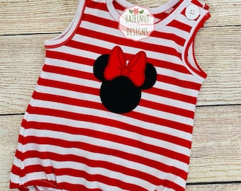 Monogrammed Mouse Bubble Romper: Red Stripe Knit, Embroidered Bow