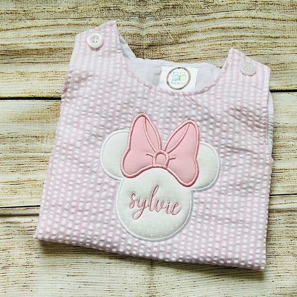 Monogram Seersucker Pink and White Mouse Bubble, Embroidered baby girl