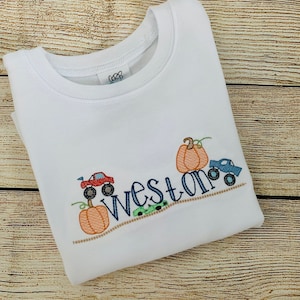 Halloween monster truck monogram shirt, embroidered pumpkin, toddler, kids, fall truck shirt, boy fall outfit