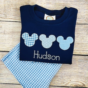 Embroidered and monogrammed boys mouse trio shirt, big kid and toddler sizes, blue mouse fabrics