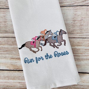 Embroidered Horse race Derby towel, jockey and horse kitchen towel, finish line towels