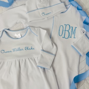 Personalized Organic Cotton Baby Layette Set: Embroidered Newborn Gown, Hat & Sleeper