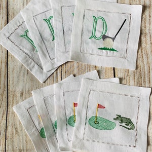 Embroidered Linen Golf Cocktail Napkins, Golf Monogram, Golf alligator design, Entertaining Napkins
