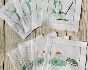 Embroidered Linen Golf Cocktail Napkins, Golf Monogram, Golf alligator design, Entertaining Napkins