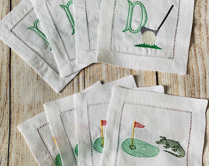 Embroidered Linen Golf Cocktail Napkins: Monogrammed or Alligator Design
