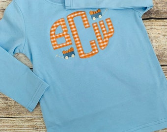 Boys Halloween Shirt: Orange Gingham Pumpkin Wagon Monogram
