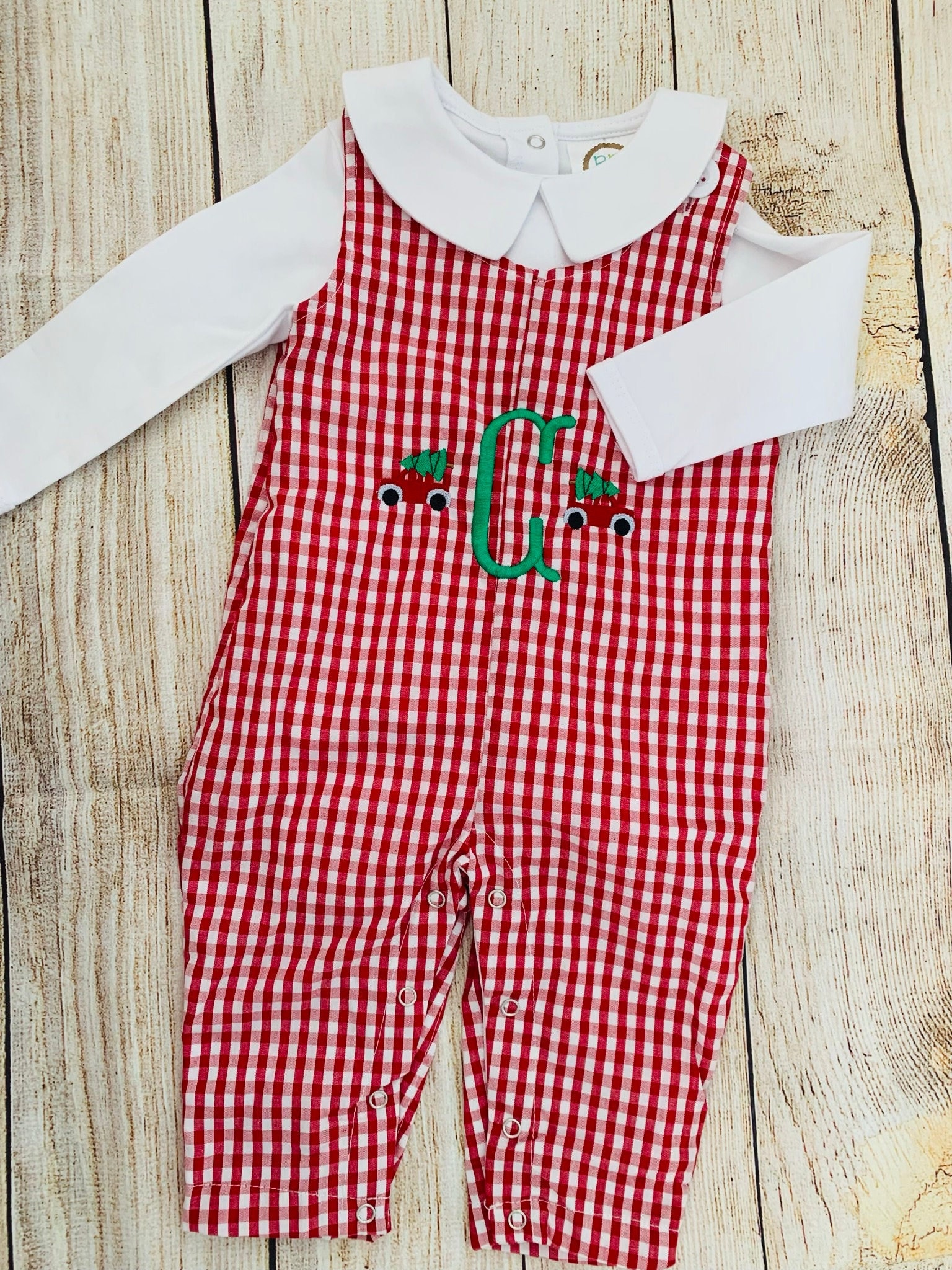 Christmas car monogram Jon jon, red gingham longall
