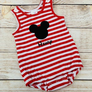 mouse bubble romper, Baby boy and toddler mouse head, red stripe knit bubble with embroidered monogram