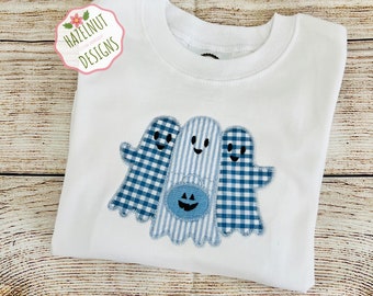 Halloween ghost monogram shirt, embroidered with blue ghosts, toddler, kids, boy fall outfit