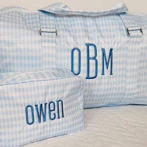 Monogram blue gingham toiletry and duffle bag travel set, embroidered with name for boys