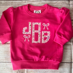 Girls floral embroidered monogram pink sweatshirt with mini bows