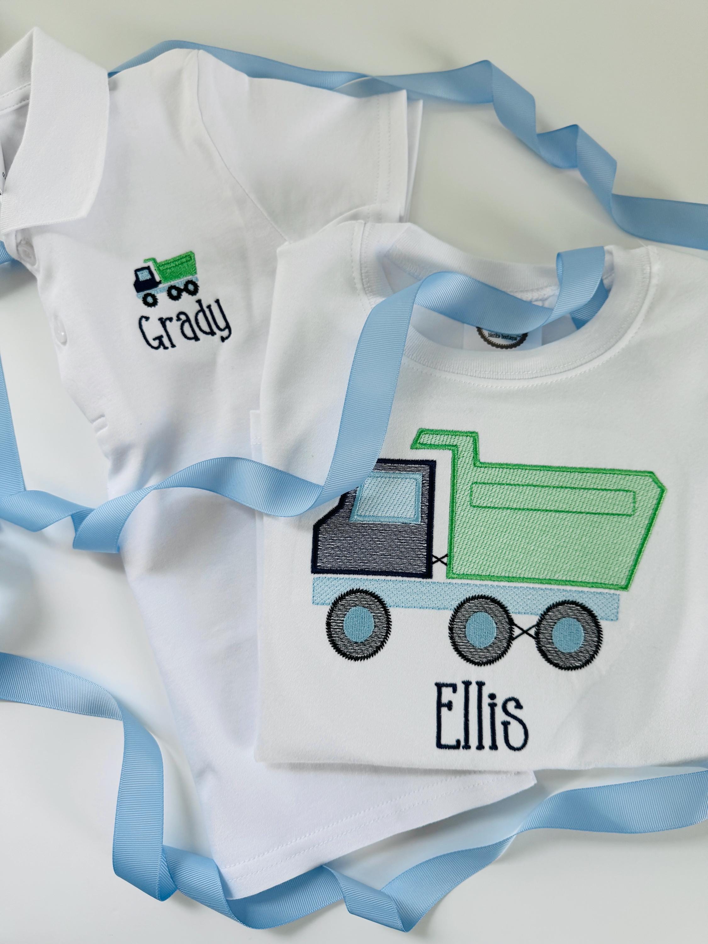Boys dump truck embroidered with monogram shirt or polo, kids and toddler sizes