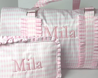 Monogrammed Pink Gingham Duffle Bag and Toiletry Set, Ruffle Trim