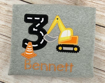 Embroidered construction birthday shirt, toddler birthday top, digger