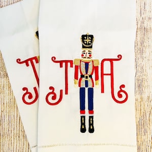 Holiday Christmas Linen Tea Towels, Embroidered Nutcracker Designs, Gingham Reindeer, Monogram guest towels, hostess