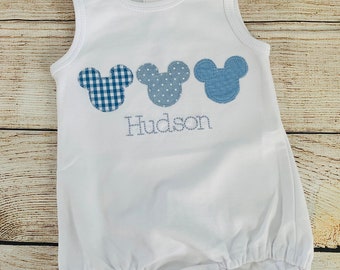 Monogrammed Baby Bubble: Embroidered Mouse Trio, Blue Fabrics
