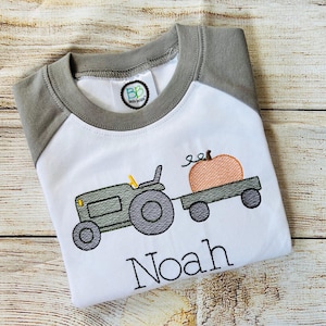 Boys Fall tractor shirt, Embroidered Fall boy outfit, boys Halloween shirt, Farm pumpkin shirt, baby fall outfit