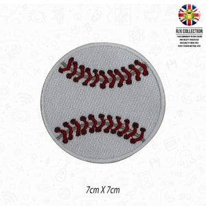 May include: White baseball embroidered patch with red stitching. The patch is 7 cm by 7 cm.