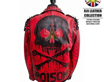 Poison Skull Cross Black Studded Leather Jacket Punk Style Jacket Spiked Jacket Vintage Jacket