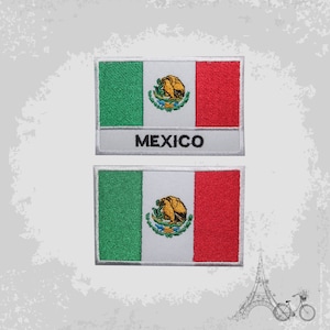May include: Two embroidered patches depicting the Mexican flag. Each patch features a green stripe, a white stripe with the Mexican coat of arms, and a red stripe. The word "MEXICO" is embroidered in white on a white background.