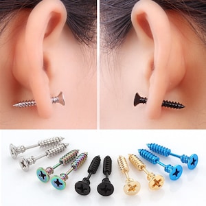 Screw stud earrings, black stud earrings, black studs, black earrings, statement studs, men studs, surgical steel studs, gold studs