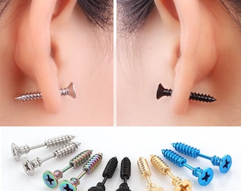 Screw stud earrings, black stud earrings, black studs, black earrings, statement studs, men studs, surgical steel studs, gold studs