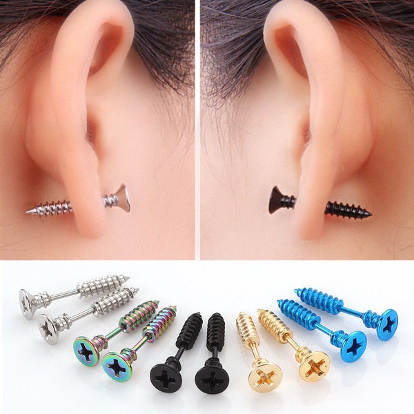 Clous d'oreilles vissés, clous d'oreilles noirs, clous noirs, boucles d'oreilles noires, clous originaux, clous pour hommes, clous en acier chirurgical, clous en or