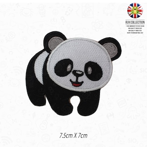 May include: Black and white embroidered iron-on patch of a panda bear with a smiling face. The patch is 7.5 cm by 7 cm.