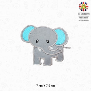 May include: Embroidered iron-on patch of a grey elephant with blue ears. The elephant is 7 cm by 7.5 cm.