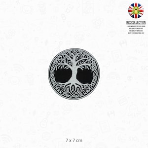 May include: A white embroidered tree of life patch on a black background. The patch is circular and measures 7 cm in diameter.