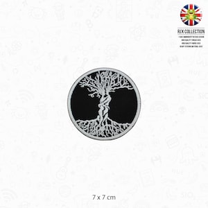 May include: White embroidered patch of a tree of life with two figures intertwined as the trunk. The patch is circular and has a black background. The patch is 7 inches in diameter.
