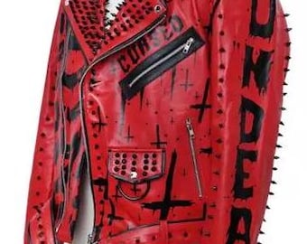 Red Punk Sinner Cursed Black Stud Leather Jacket Goth Punk Style Jacket Spiked Jacket Sinner Jacket