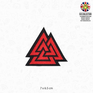 May include: Red embroidered iron-on patch of a triple interlocking triangle symbol, 7 cm by 6.5 cm.