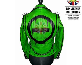 Bloody Kisses Women Green O Negative Studded Leather Jacket Punk Style Jacket Spiked Jacket Biker Jacket