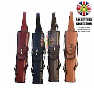 Könnte beinhalten: Vier Lederköcher in den Farben Burgunderrot, Schwarz, Dunkelbraun und Hellbraun. Jeder Köcher hat eine kleine Tasche mit dekorativer Nadel und Schulterriemen. Der Text "RJX LEATHER COLLECTION" ist sichtbar.