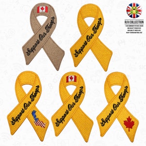 Pode incluir: Seis patches bordados para passar a ferro em forma de fitas amarelas e castanhas com o texto "Support Our Troops" e várias bandeiras, incluindo as bandeiras americana e canadiana.