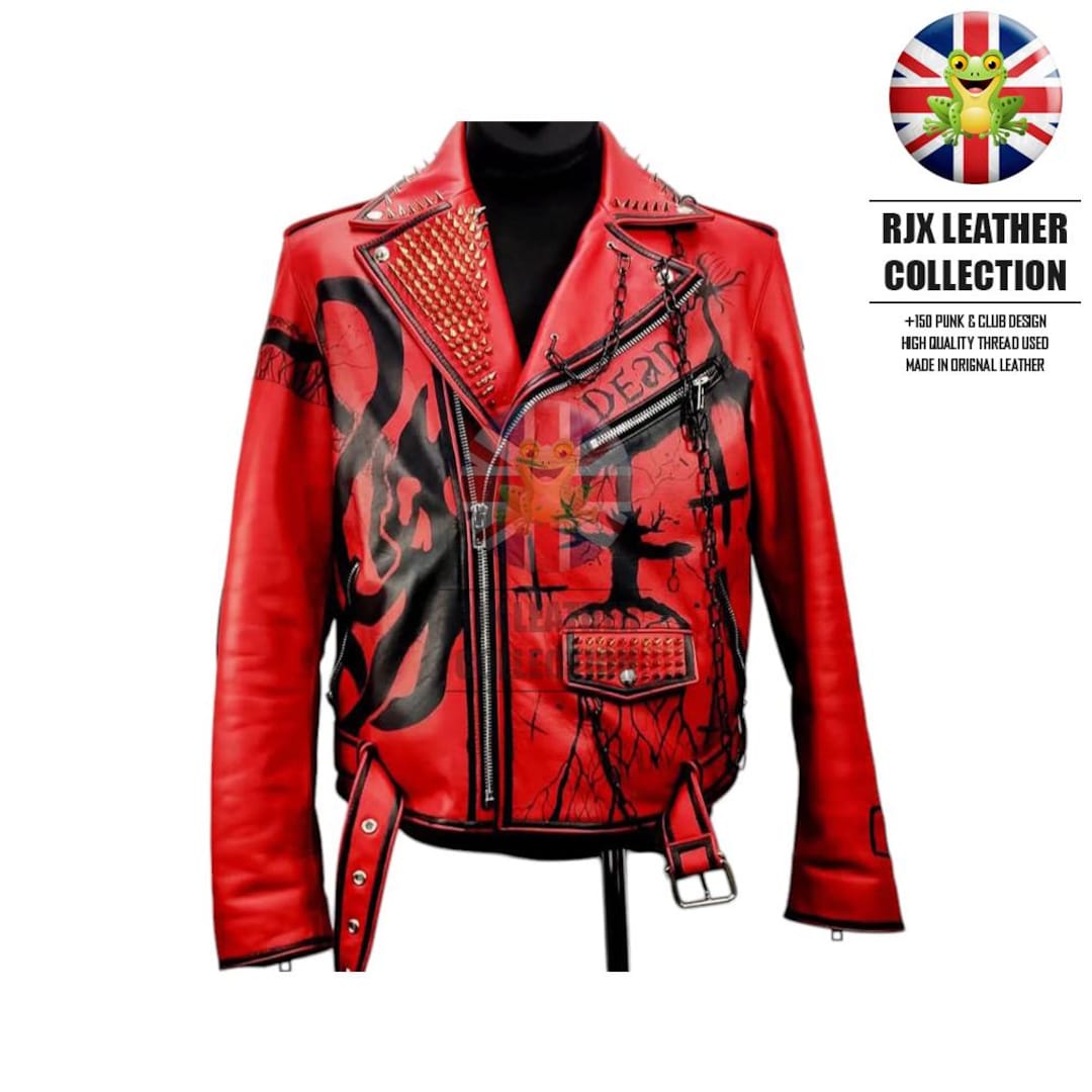 Red Sinner Deathless Punk Studded Leather Jacket Men Red
