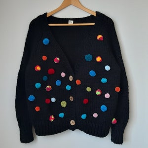 chunky handmade knitting wool cardigan , handmade pompom , over size cardigan