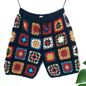 Crochet Shorts for Men Unisex Shorts, Crochet Mens&#39; Beach Long Shorts , Crochet Granny Square Shorts, Crochet Patchwork Shorts for Men
