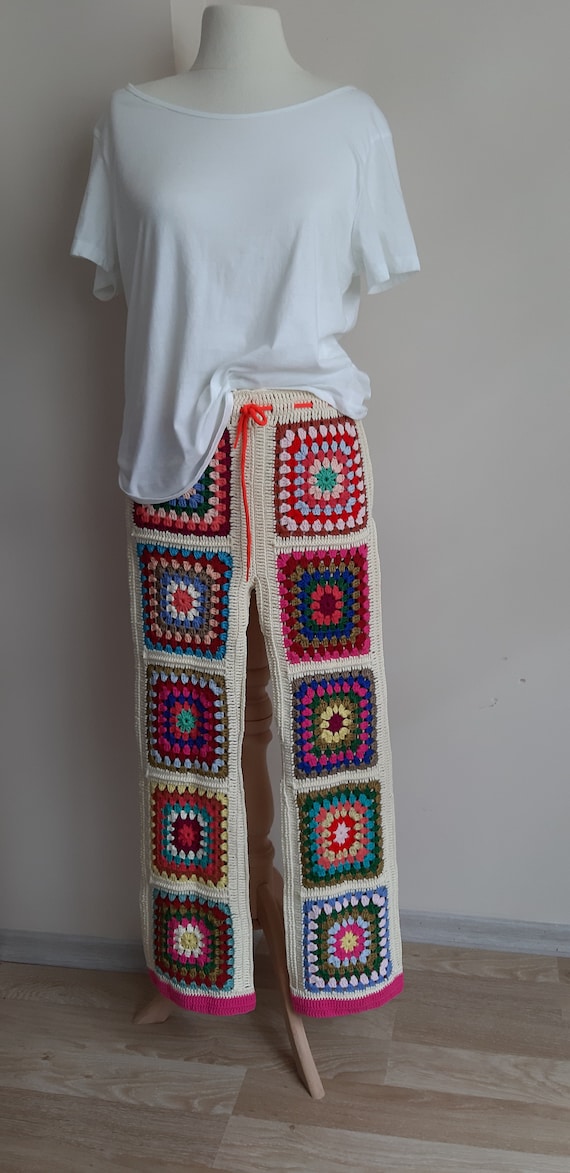 Crochet Granny Square Motif Pants, Boho Hippie Pants, Festival Clothing,hand Knitted Pants , Trendy Pants, Slouchy Crochet Trousers