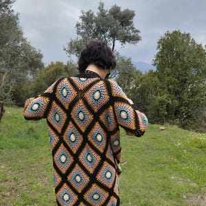 Grandma's Square Stitch Cardigan, Patchwork Bohemian Oversize Jacket
