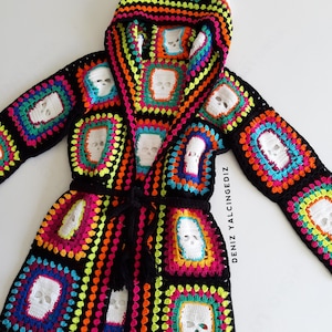 hooded Granny Square Crochet Cardigan, Patchwork Jacket, Afghan Coat, Granny Square Sweater, Crochet Cardigan Women, Hand Knit Wool Cardigan
