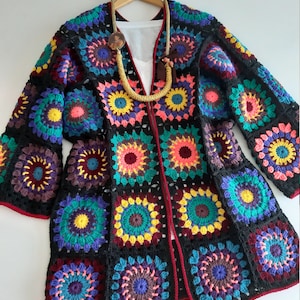 Granny Square Crochet Cardigan, Patchwork Jacket, Afghan Coat, Granny Square Sweater, Crochet Cardigan Women, Hand Knit Wool Cardigan