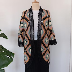 Granny Square Afgan Hırka, Patchwork Hırka, Örme Tığ Kaban,  Ceket, Boho Hırka, Uzun Oversize Kazak, Hediye ona