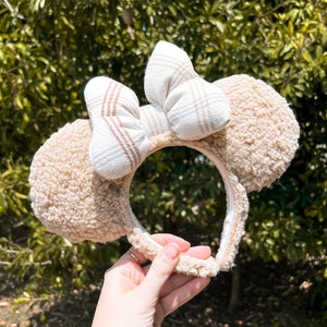 Latte Sherpa Plaid Flannel Bow Fluffy Ears