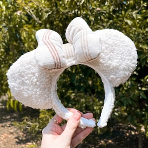 Cream Sherpa Plaid Flannel Bow Fuzzy Mouse Ears