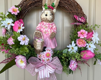 Girl Bunny with Basket Wreath, Easter Wreath, Bunny Wreath, Easter Bunny Wreath